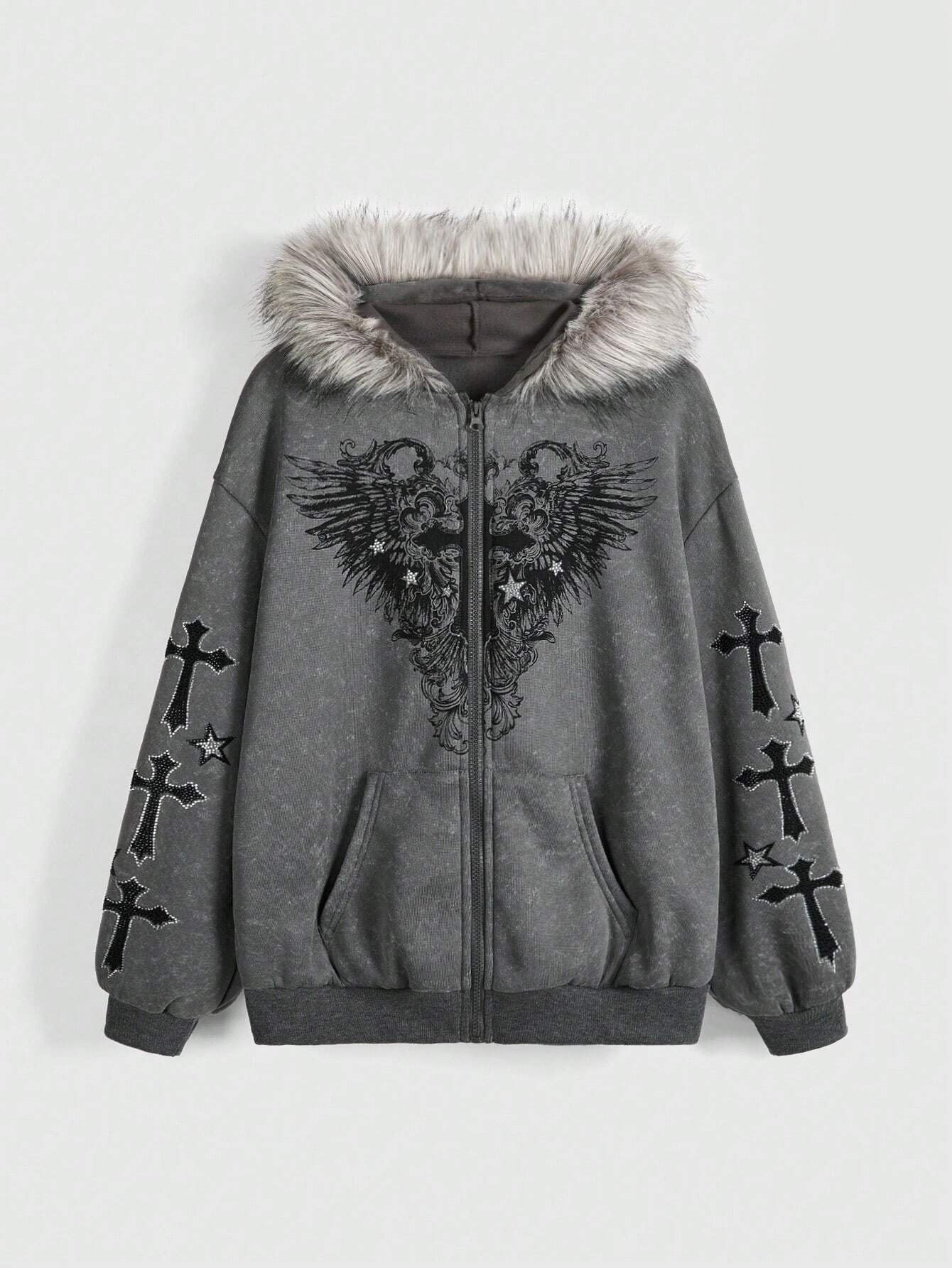 Gothic Cross Wings Printing Fur Collar Sweaters
