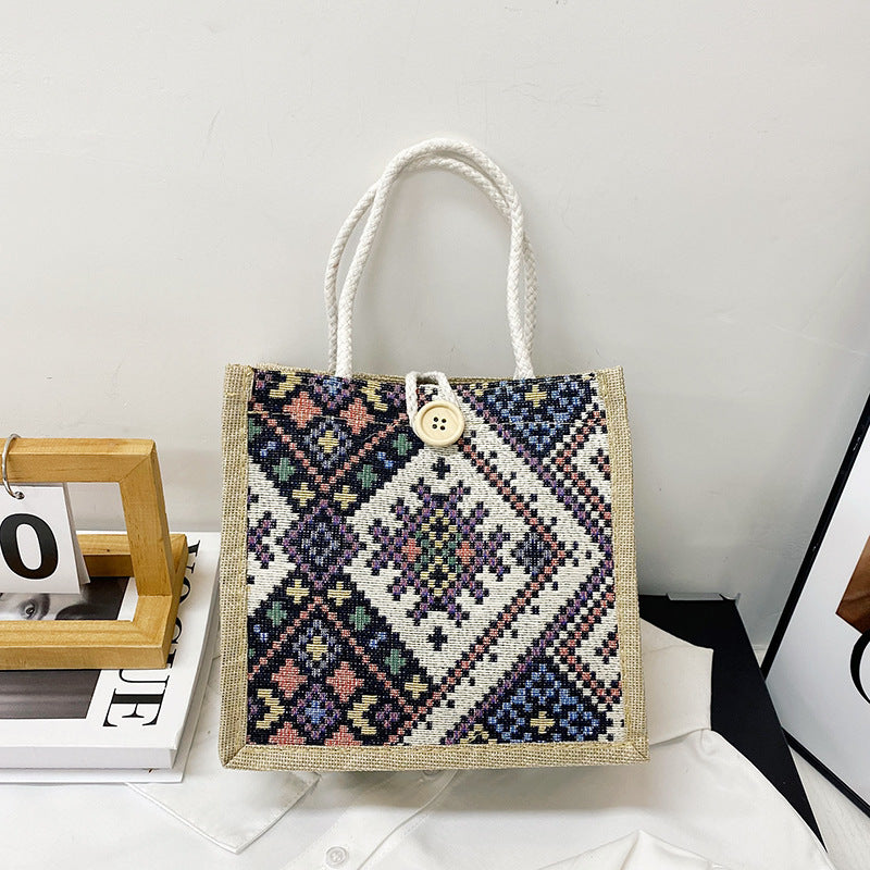 Women's Ethnic Style Canvas Summer Fashion Out Portable Linen Lunch Bags