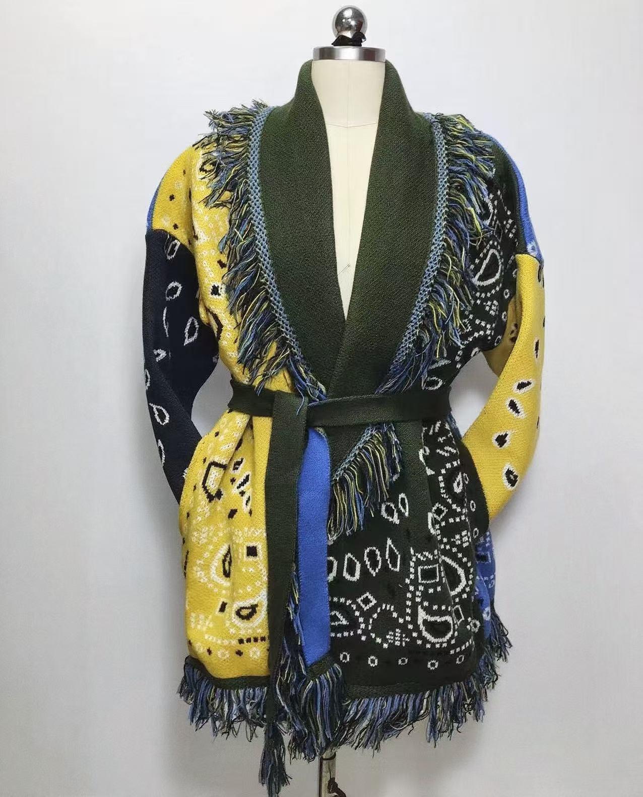 Women's Thick Tassel Jacquard Mid-length Loose Color Matching Sweaters
