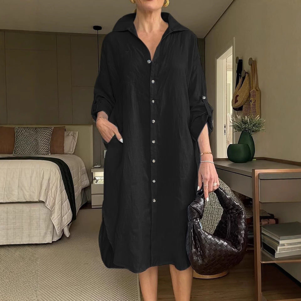 Women's Cotton Linen Shirtdress Fashion Casual Long Dress