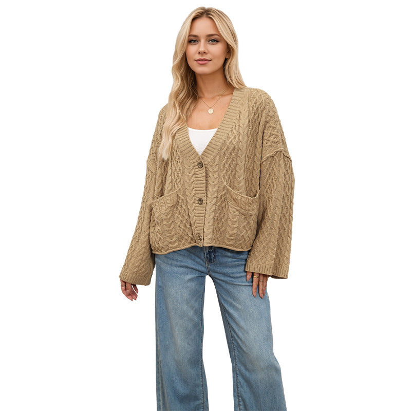Solid Color Twist Single-breasted Double Pocket Sweaters
