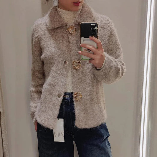 Women's Artificial Wool Belt Flower Button Knitted Sweaters