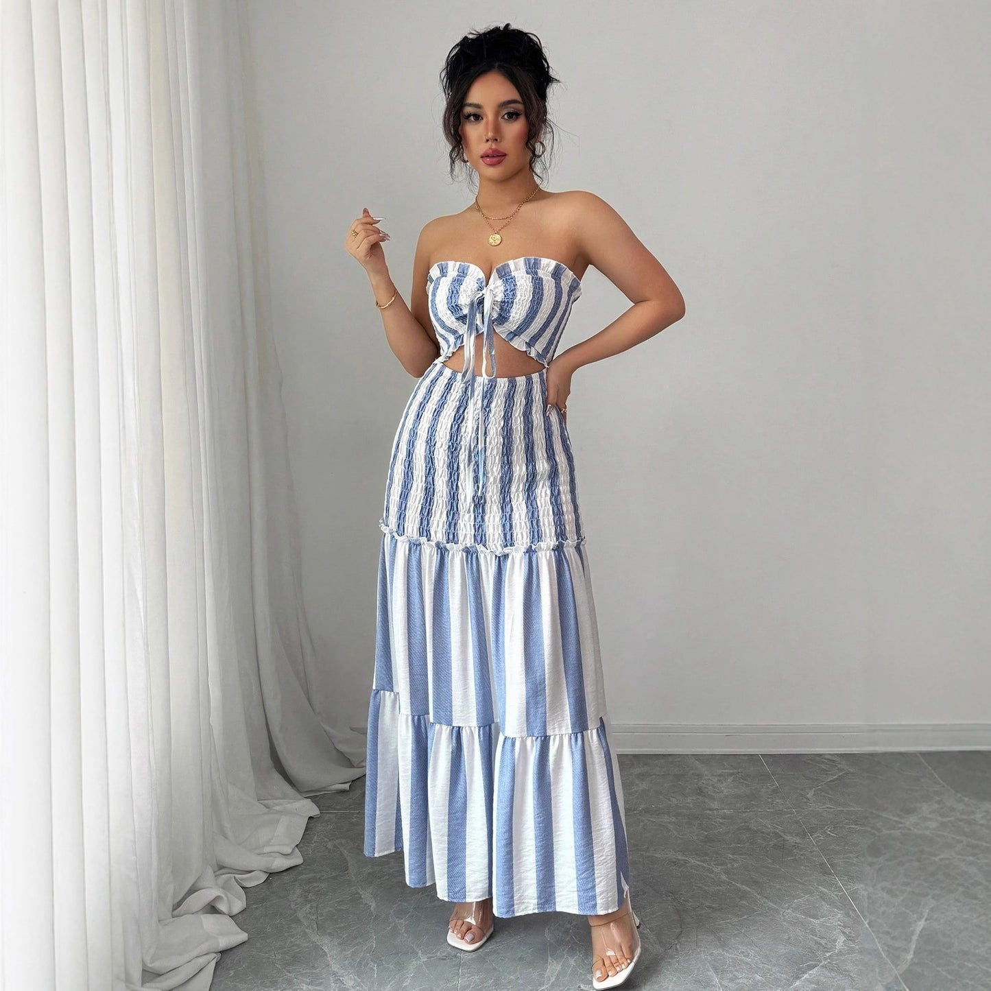 Women's Fashion Wear Striped Slim Fit Long Dress