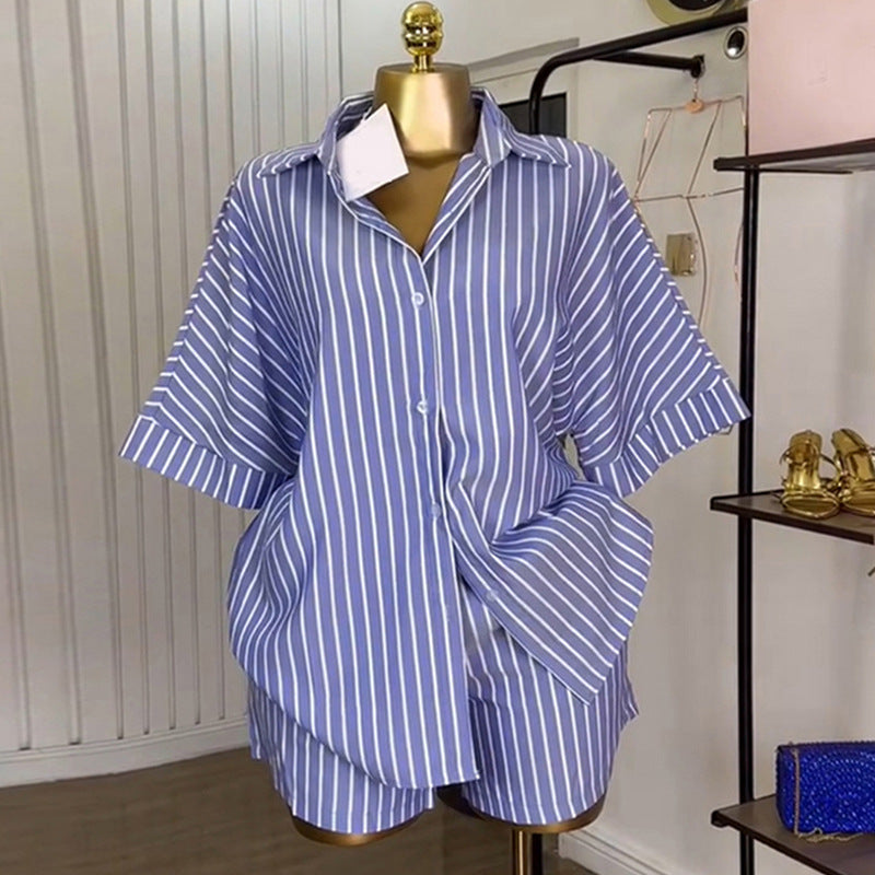 Women's White Striped Loose Shirt High Waist Suits