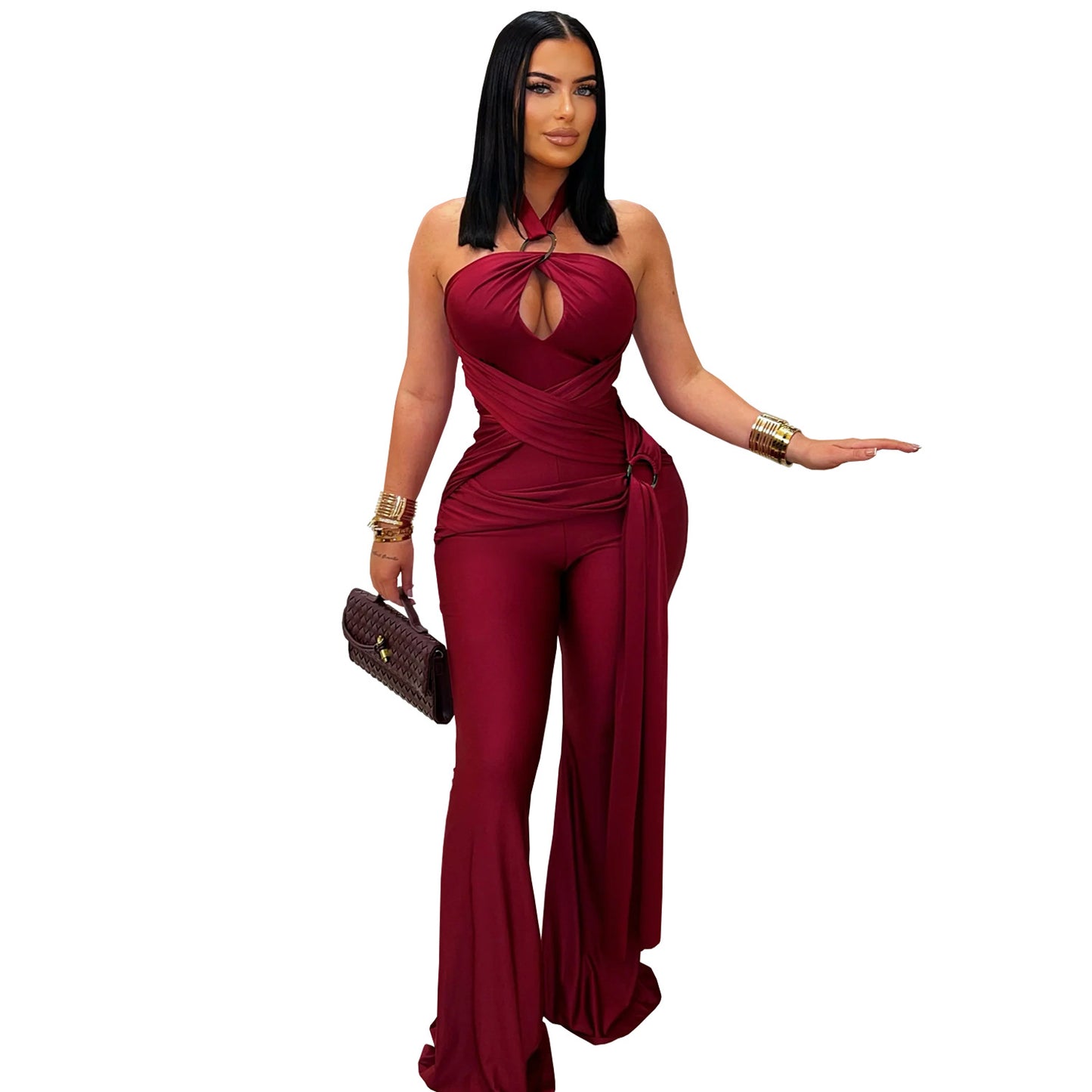 Women's Fashion Wear Solid Color Elegant Halter Wide Jumpsuits