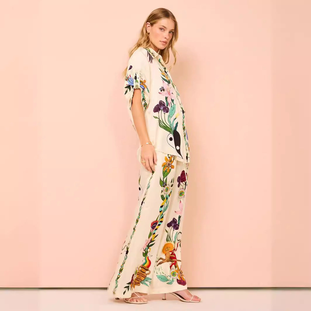 Satin Printed Temperament Short-sleeved Shirt Trousers Suits