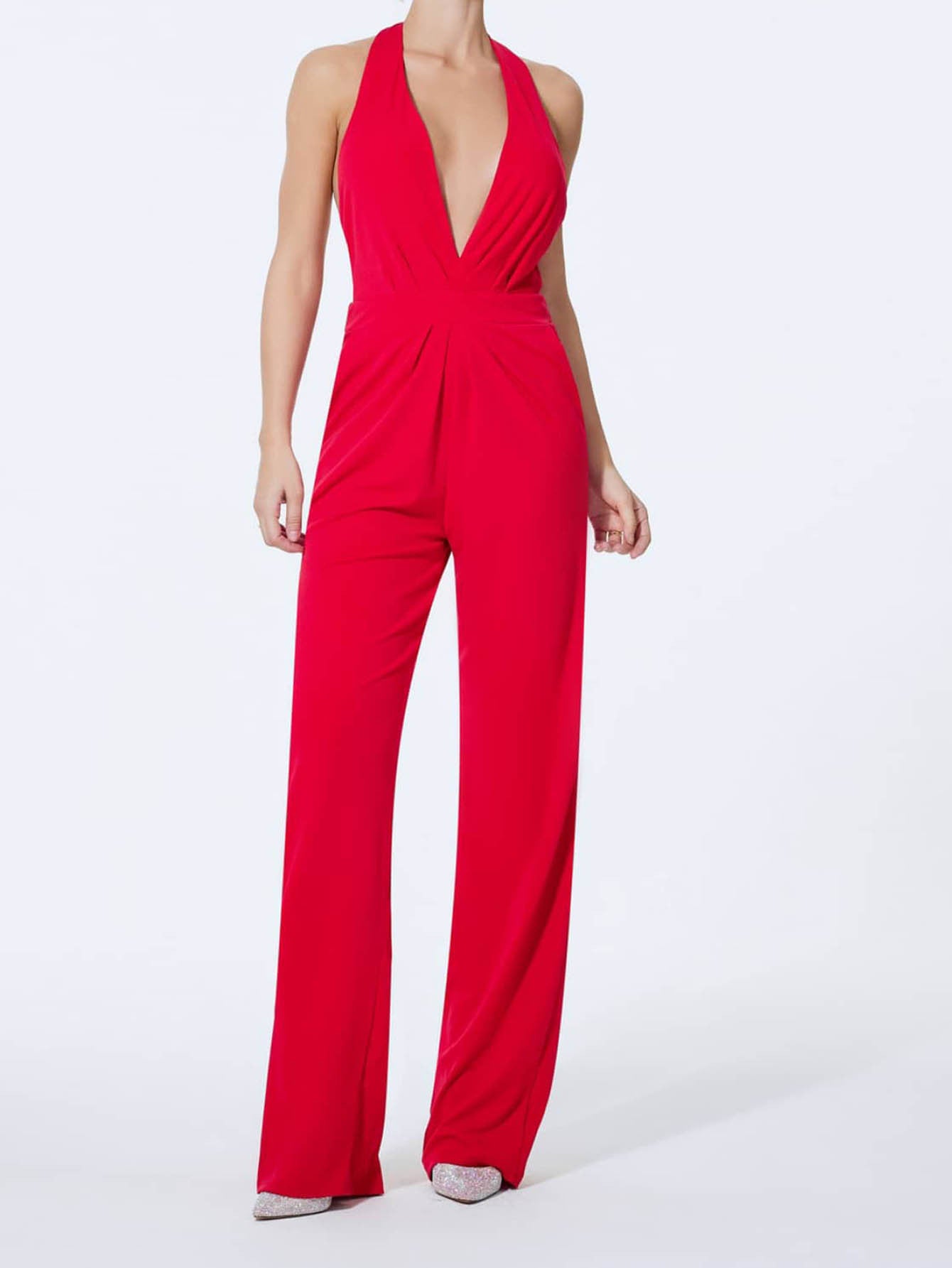 Solid Color Elegant Halter Sleeveless Long Women's Jumpsuit/clothing