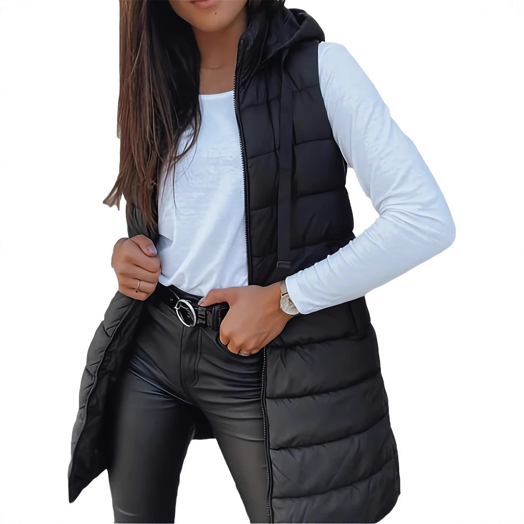 Women's Solid Color Hooded Zipper Cotton Mid-length Vests