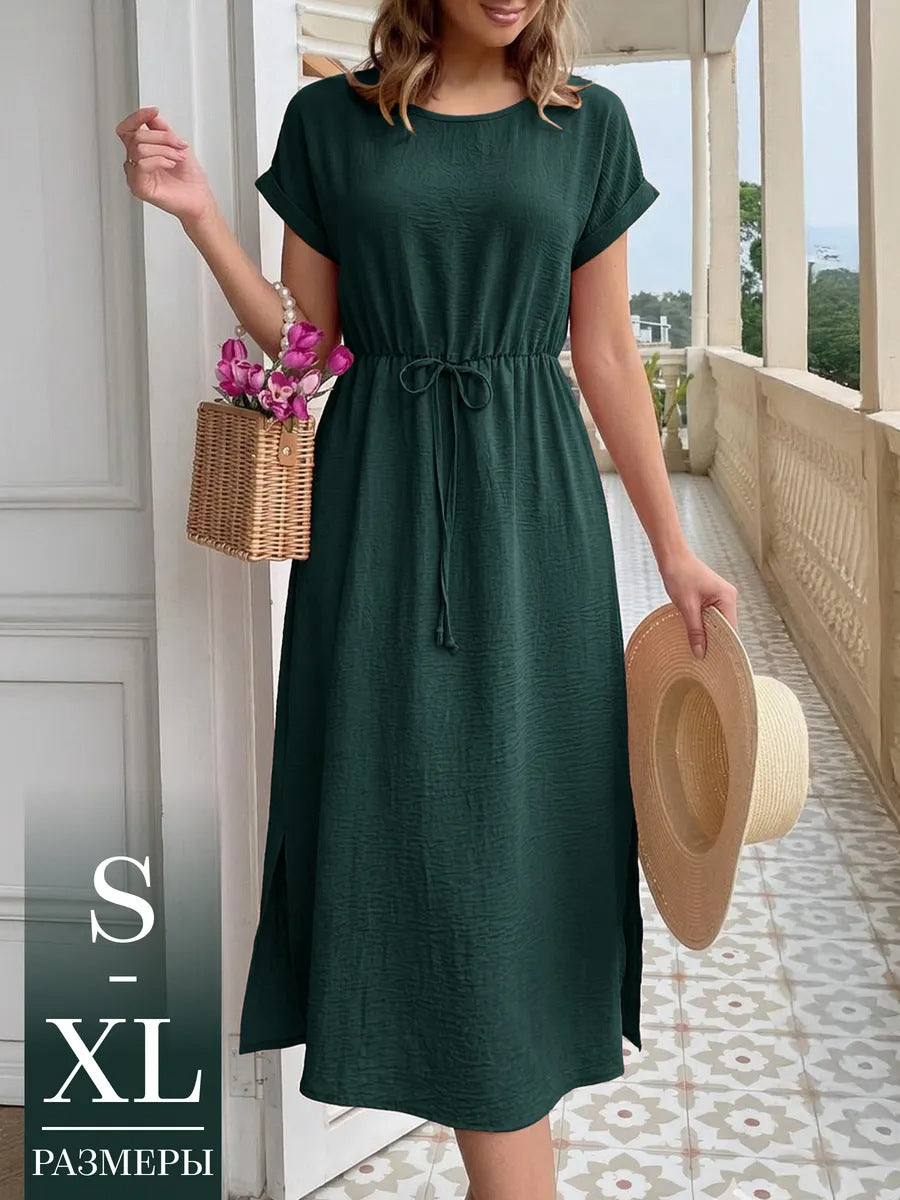 Women's Summer Casual Round Neck Loose Waist Trimming Short-sleeved Dress