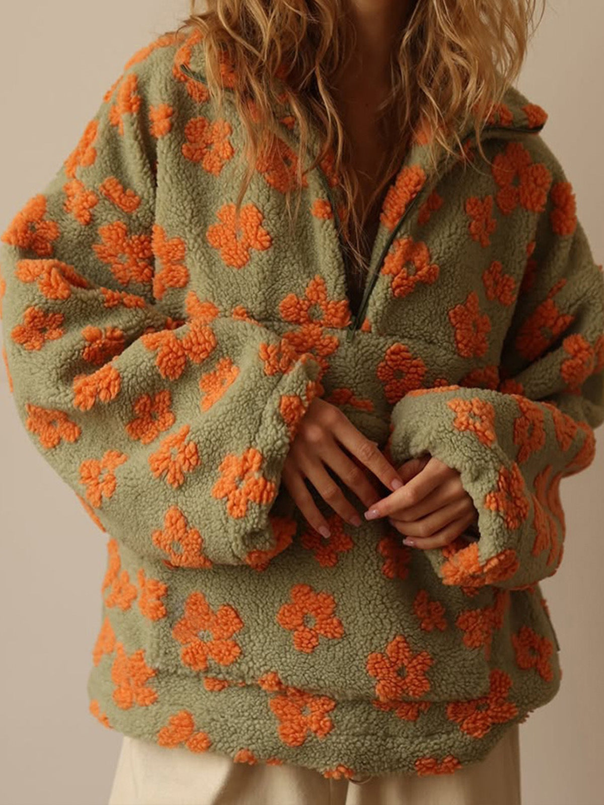 Floral Loose Fleece Shirt Fashion Zipper Pocket Sweaters