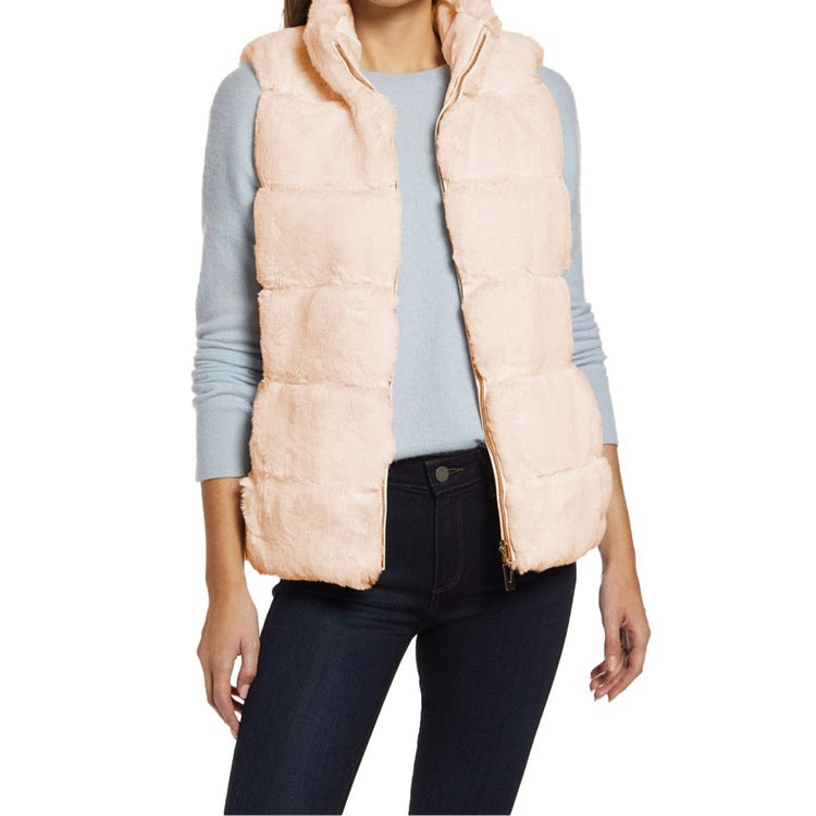 Women's Large Solid Color Stand Collar Plush Imitation Women's Vest