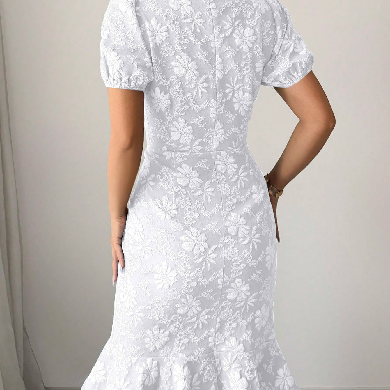 Women's Summer Bubble Sleeve Texture Jacquard Round Neck Retro Dress
