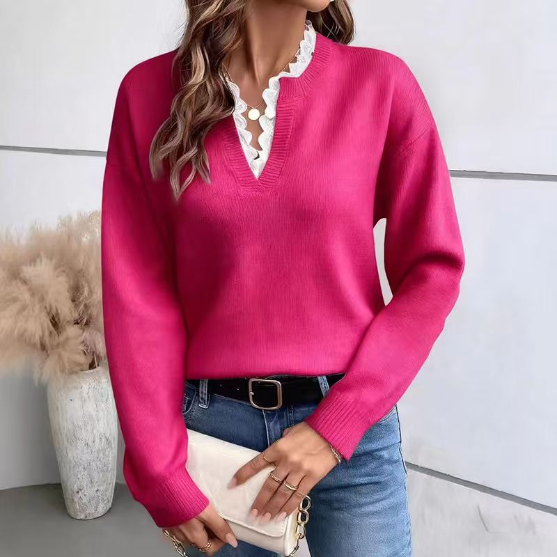 Women's Fashionable Lace Solid Color Loose Long Sweaters