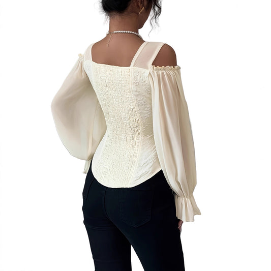 Women's Jacquard Shirt Square Collar Long Sleeve Blouses