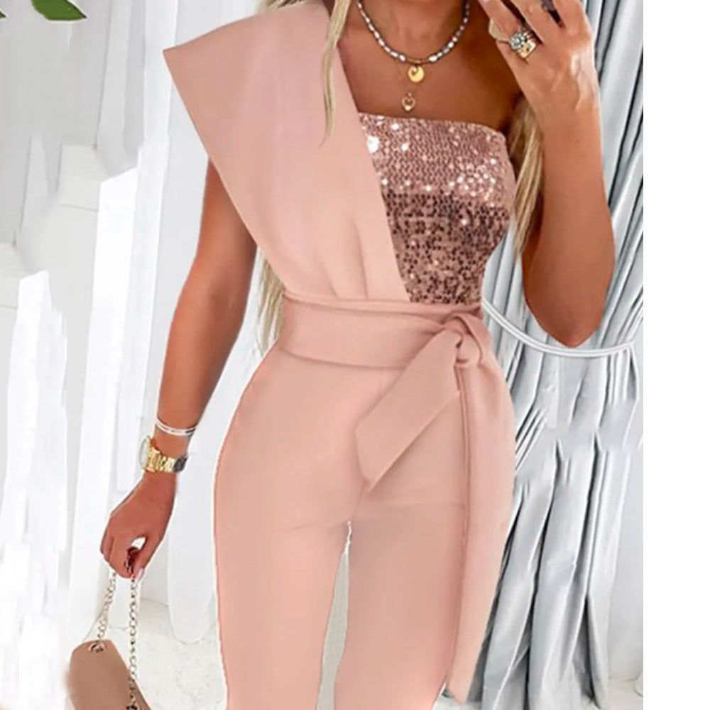 Women's Belt Slim Fit Sleeveless One-piece Dress Suits