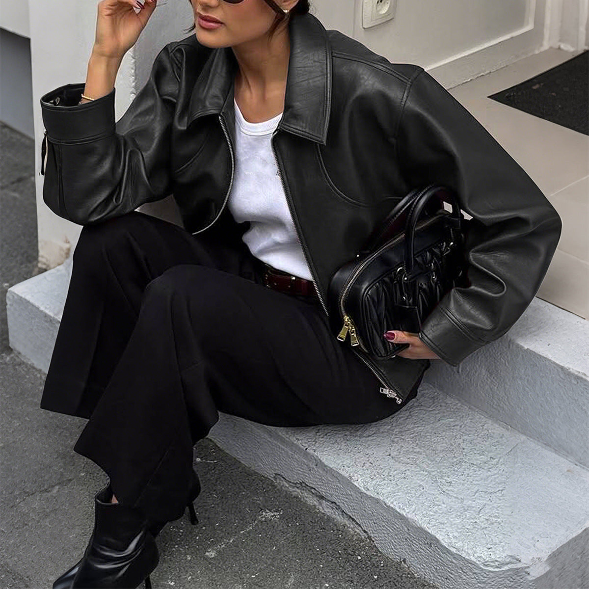 Women's Casual Vacation Style Long-sleeved Leather Coats