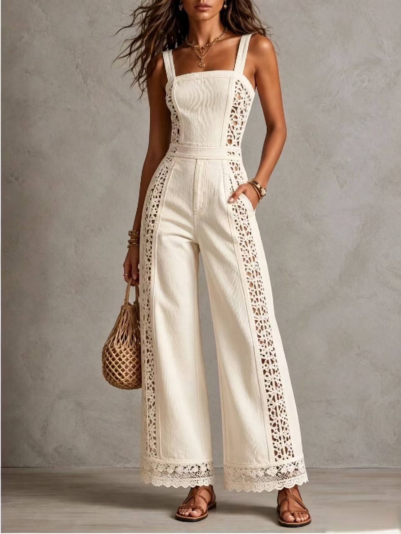 Women's Vacation Style Hollow Crochet Denim Lace Ruffled High Waist Wide Women's Jumpsuit/clothing