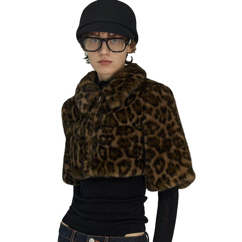 Women's Fashion Polo Collar Leopard Zipper Fur Blouses