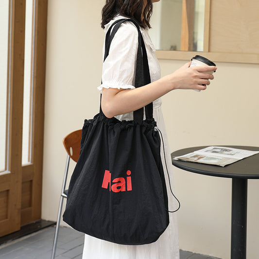 Women's Pleated Canvas Fashionable Letter Printed Drawstring Shoulder Bags