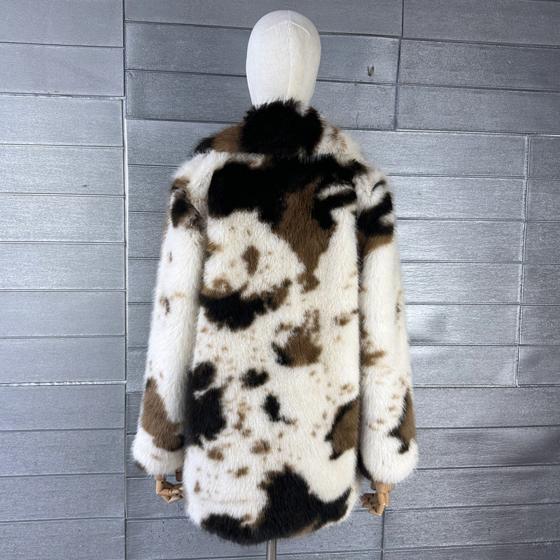 Women's Faux Fox Fur Cows Pattern Lapel Coats