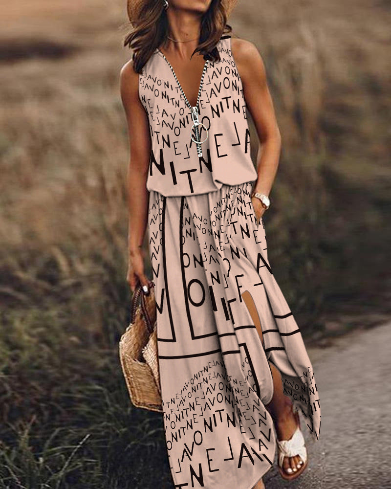 Women's Sleeveless Long Casual Waist Zipper Letter Dress