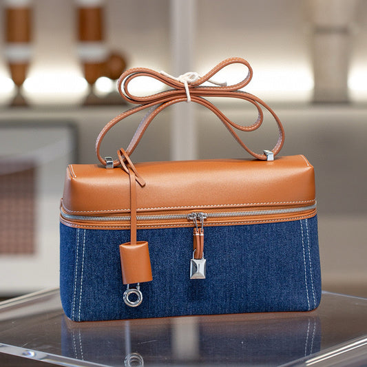 Women's Canvas Denim Leather Patchwork Lunch Box Small Square Bags