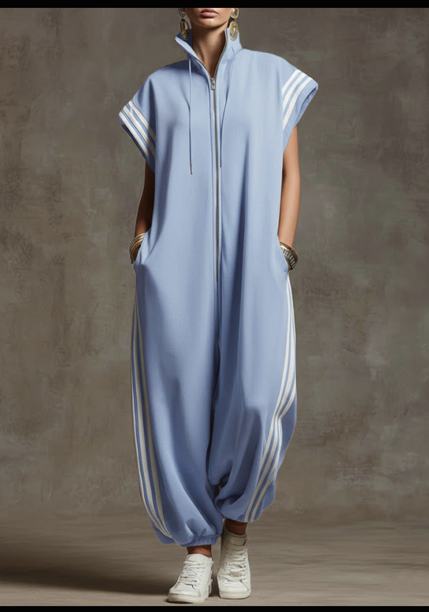 Zipped Stand Collar Striped Contrast Color Fashion Quick Women's Jumpsuit/clothing