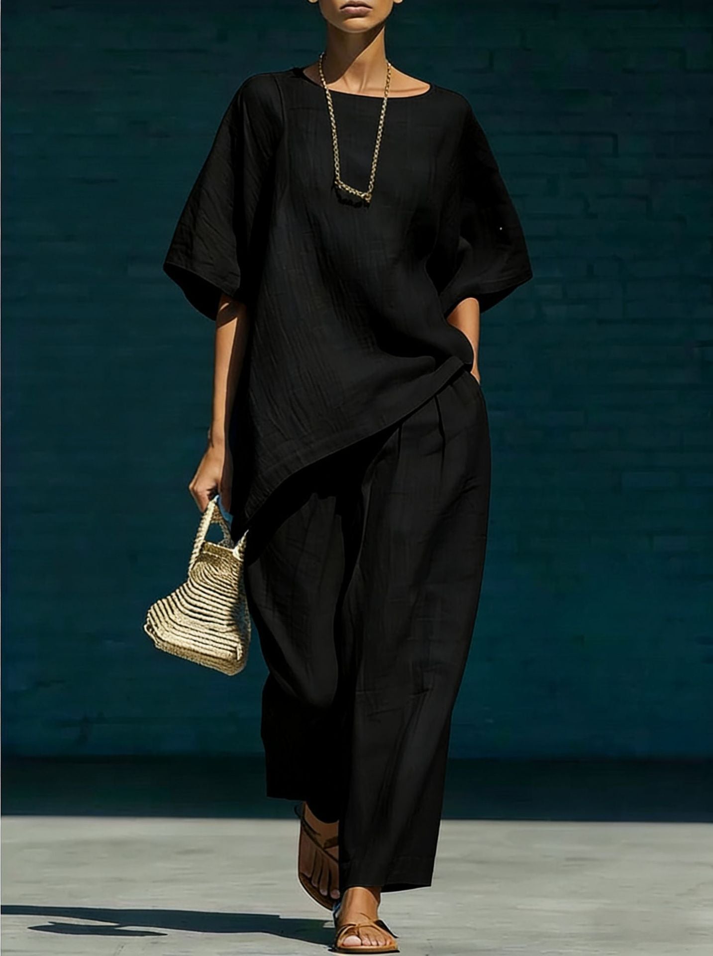 Simple Pleated Idle Style Sleeve Irregular Hem Wide Fashion Casual Suit