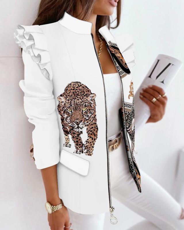 Women's Ruffled Long Sleeve Zipper Print Small Suit