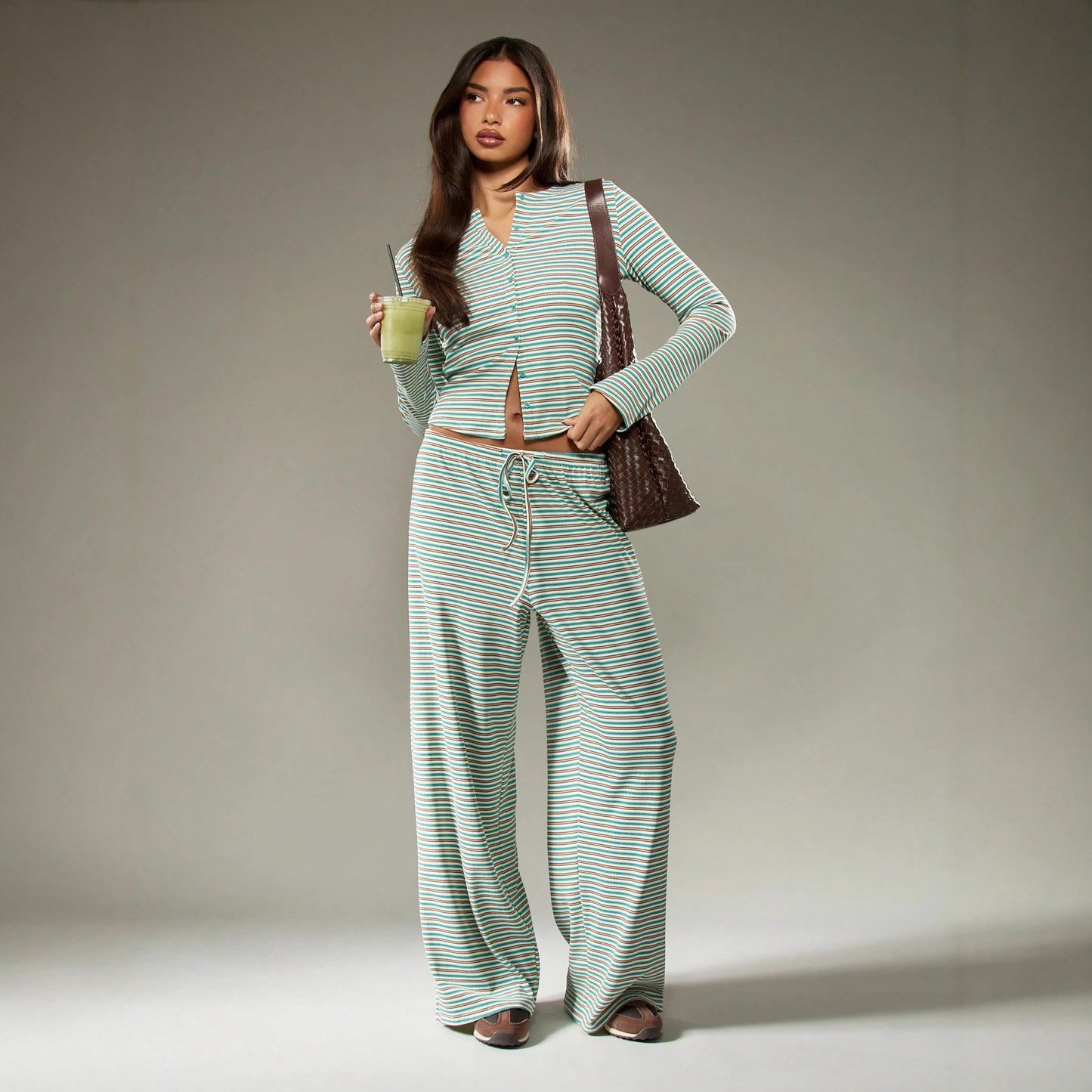 Women's Button Long Sleeve Drawstring Trousers Casual Suits