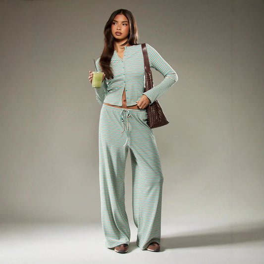 Women's Button Long Sleeve Drawstring Trousers Casual Suits