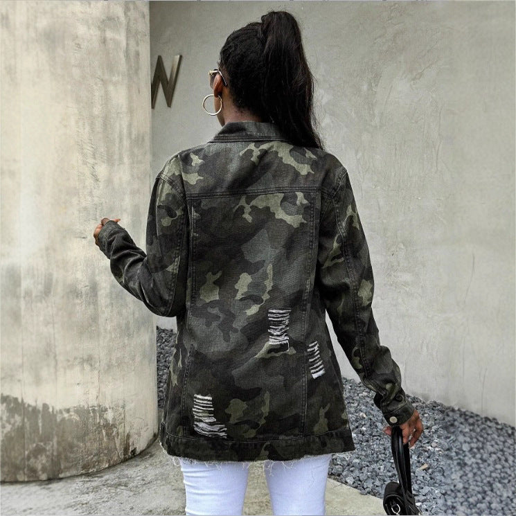 Women's Button Camouflage Raw Hem Ripped Denim Jackets
