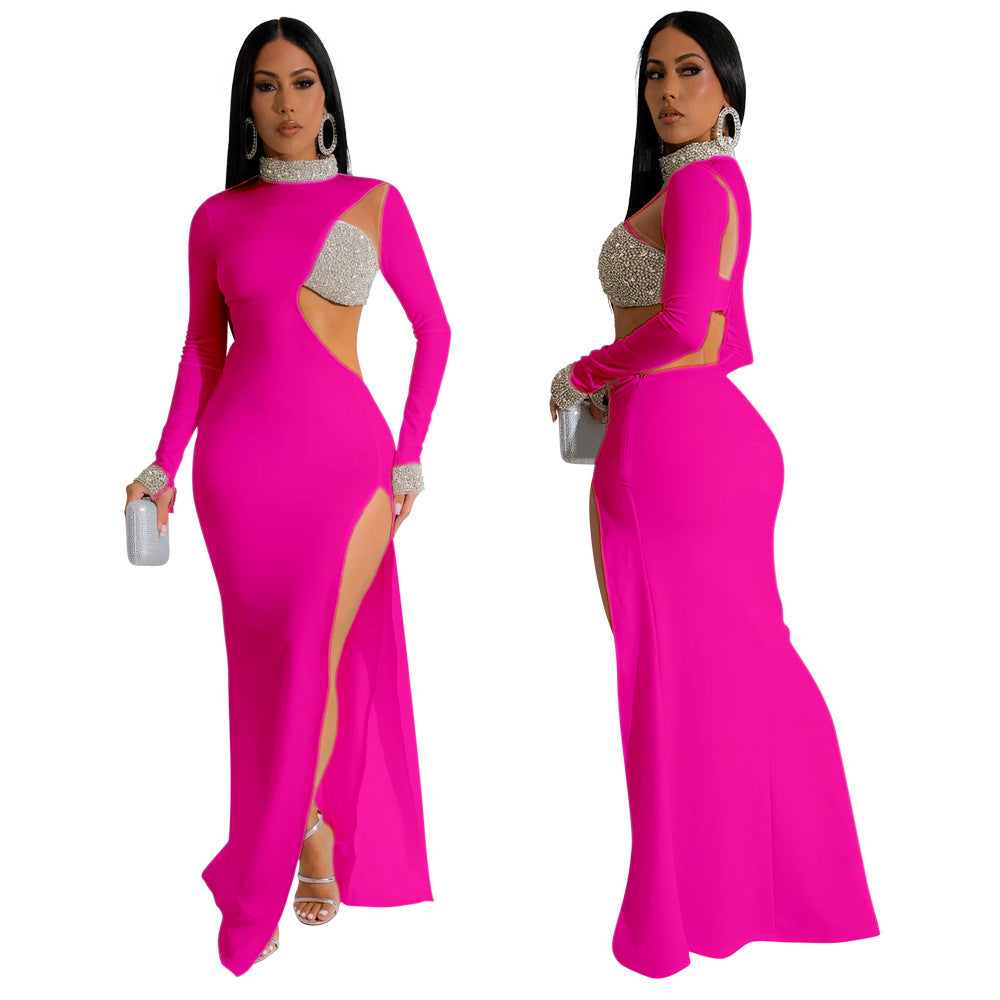 Women's Rhinestone Long Sleeve High Slit Dress Dresses