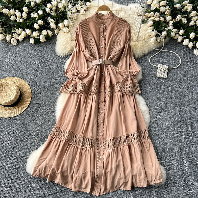 Women's Dress Stand-up Collar Flared Sleeves Waist Single-breasted Dresses