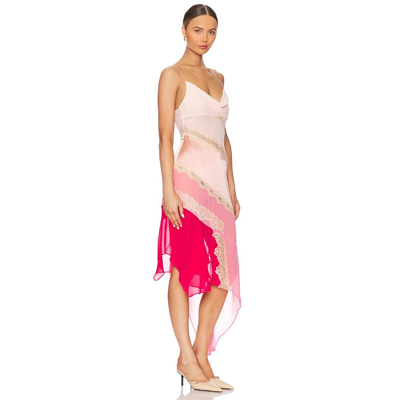 Stitching Pink Slim Fit Slimming Spaghetti Dresses