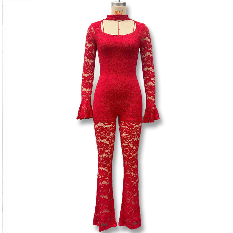 Women's Color Sexy Cutout Flared Long Sleeve Waist Jumpsuits