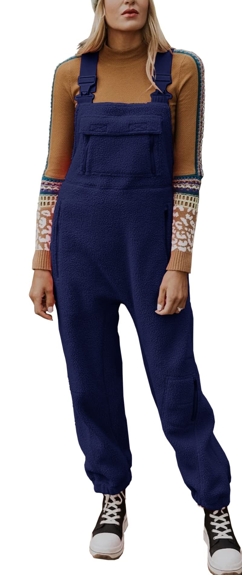 Women's Pocket Solid Color Lamb Wool Adjustable Jumpsuits