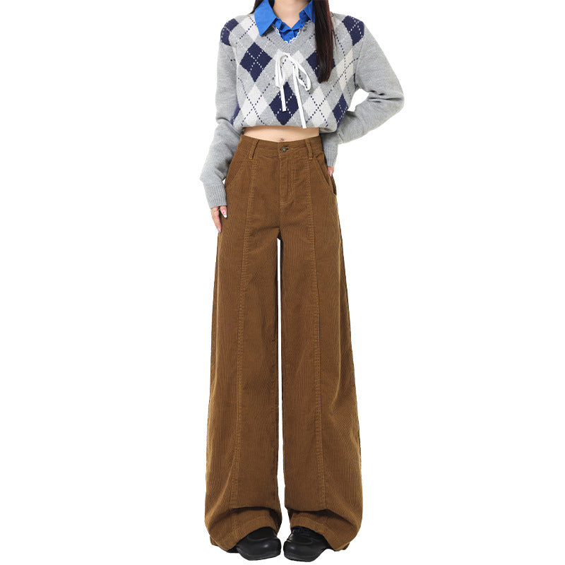 Women's Retro Style Caramel Corduroy Regular Lengthened Pants