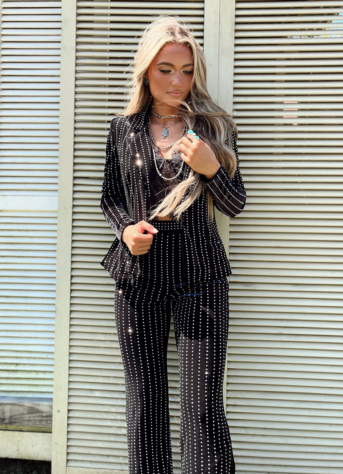 Women's Rhinestone Veet One Button Long Sleeve Suits