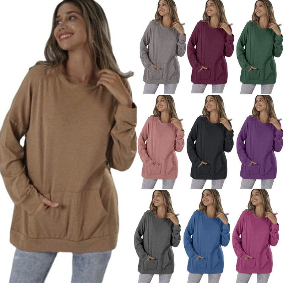 Women's Round Neck Loose Pocket Long Sleeve Tops