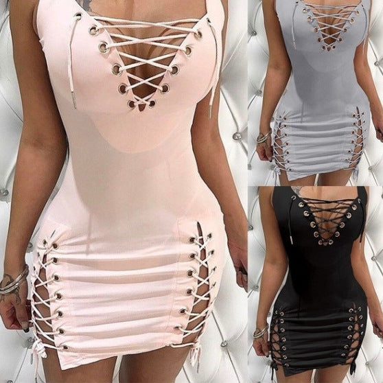 Women's Solid Color Deep Sexy Lace Up Dress