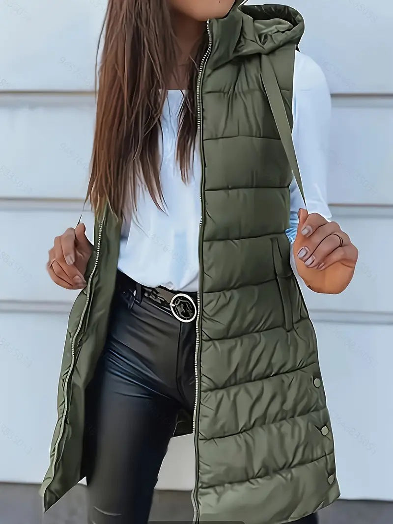 Women's Solid Color Hooded Zipper Cotton Mid-length Vests