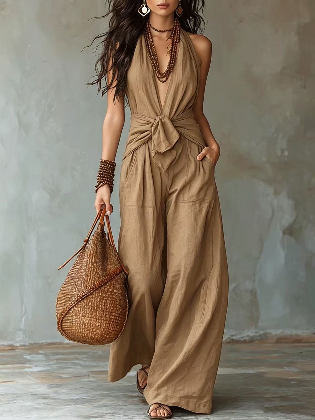 New Women's Elegant Sleeveless Halter Waist Women's Jumpsuit/clothing
