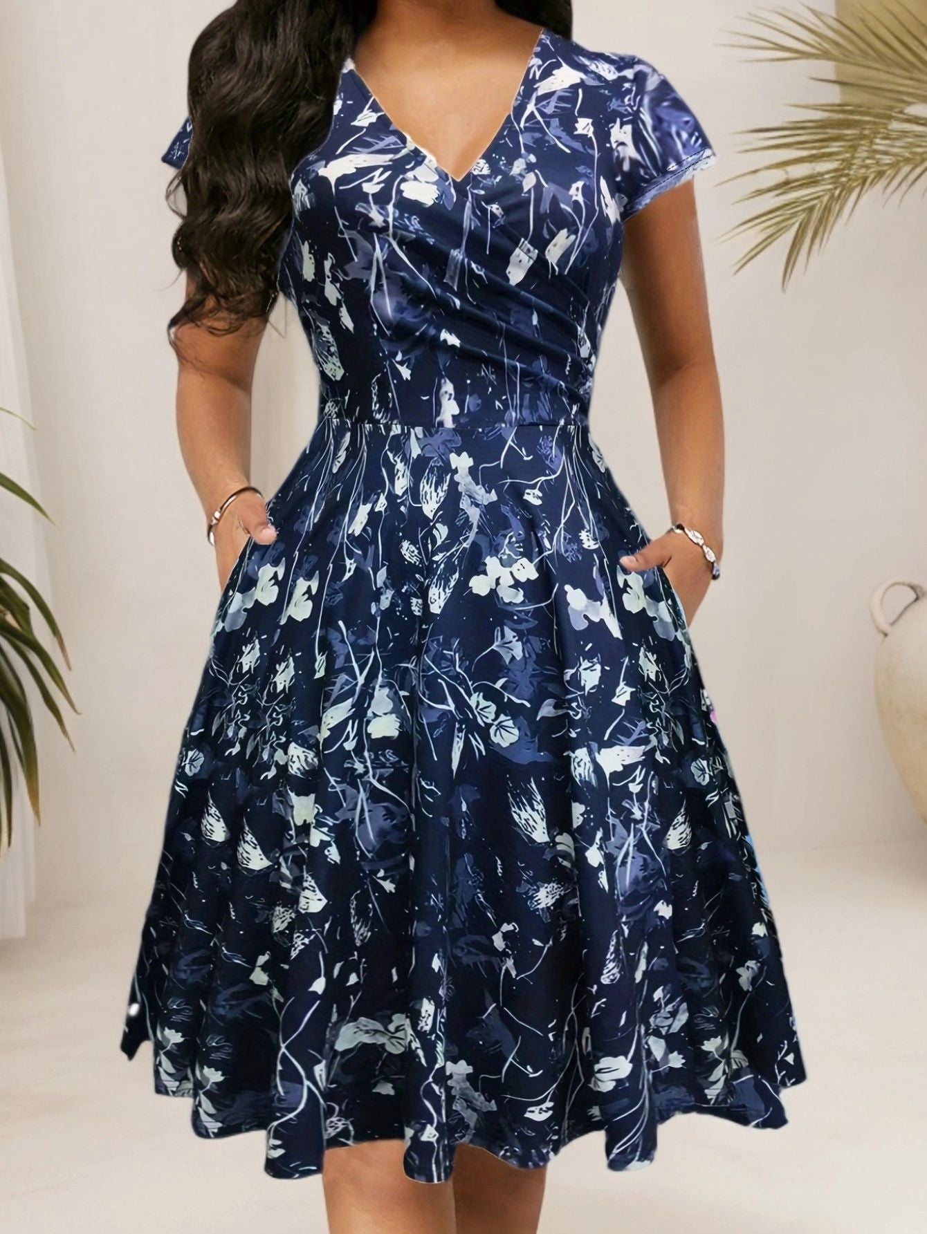 Women's Summer Pocket Sleeve Popular Floral Print Long Dress