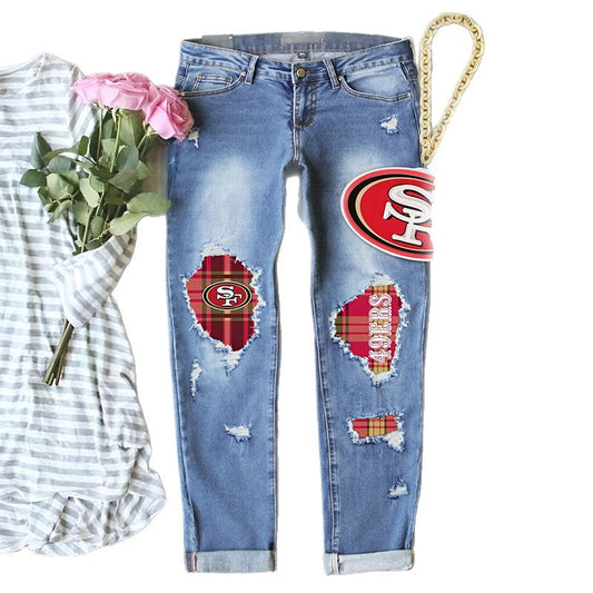 Women's Quality Fashion Winter Printing Ripped Mid Jeans