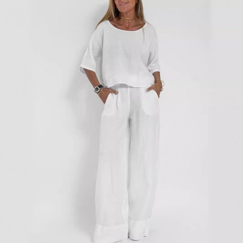 Women's Summer Solid Color Cotton Linen Sleeve Loose Wide Fashion Casual Suit