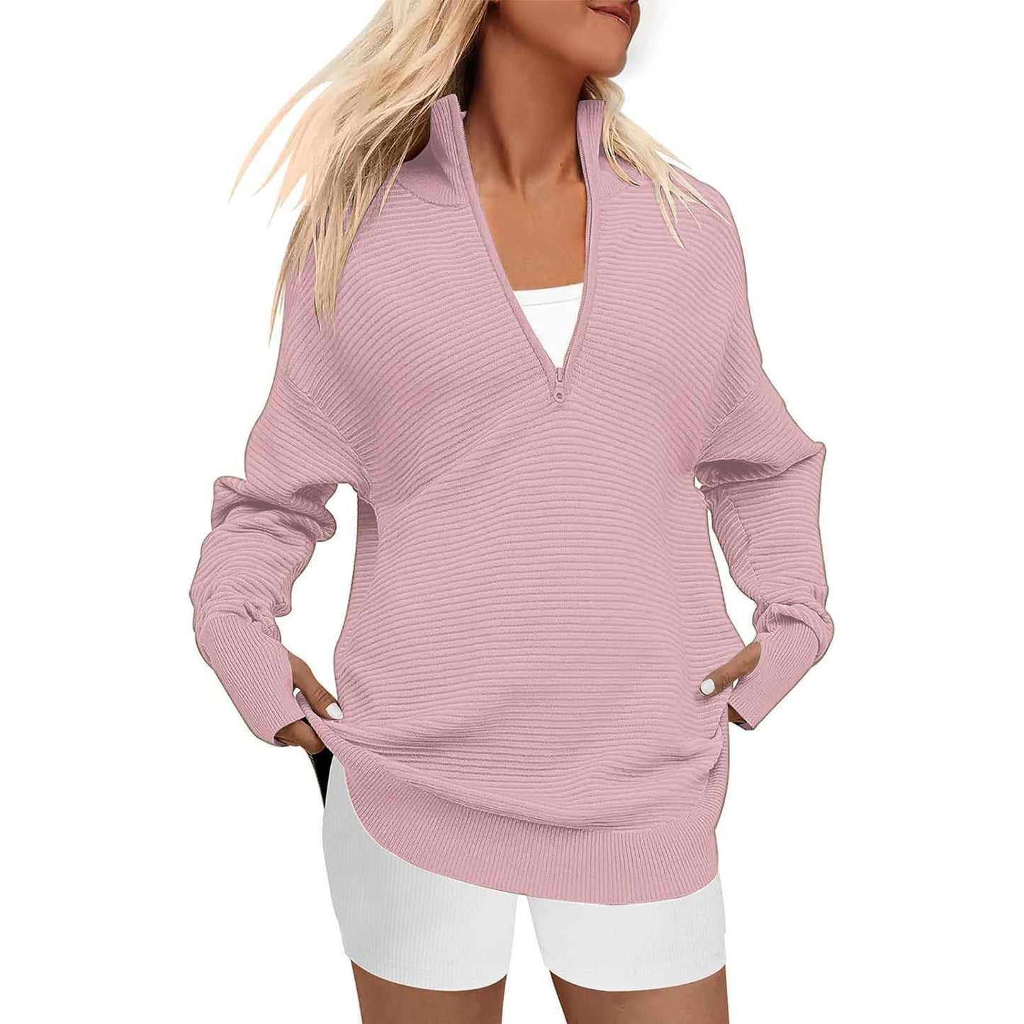 Women's Batch Long Sleeve Half Zipper Casual Sweaters
