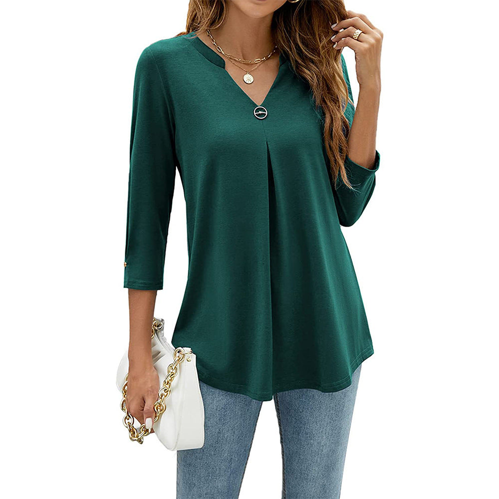 Women's Three-quarter Sleeve Solid Color Clinch Pleated Women's T-shirt