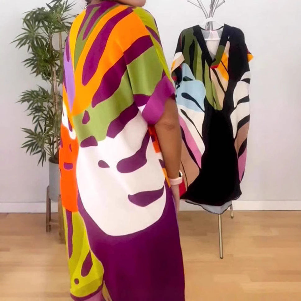 Glamorous Unique Colored Leaves Printed Casual Dress