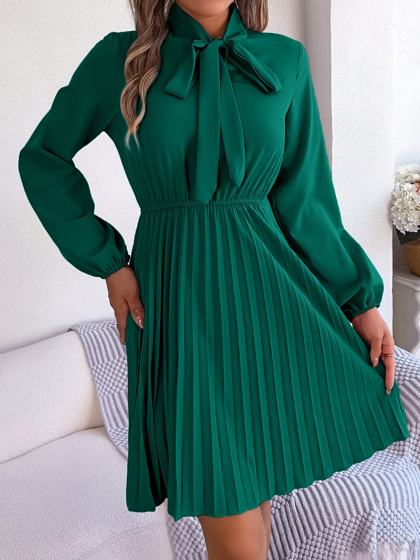 Women's Style Elegant Tied Long Sleeves Pleated Skirts